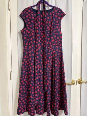 Women's Navy Midi Dress with Red Floral Print